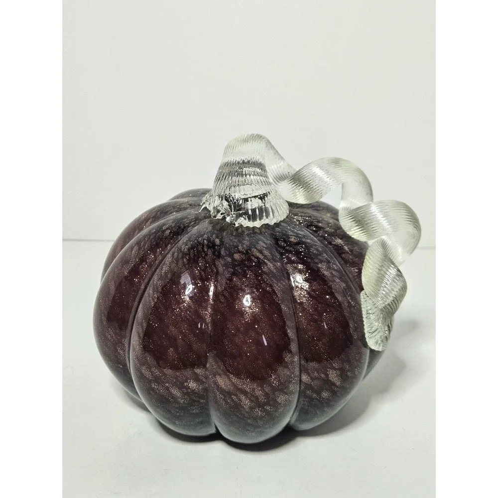Maroon Hand Blown Glass Pumpkin Speckled Gold Glitter Curled Clear Stem Fall 6in
